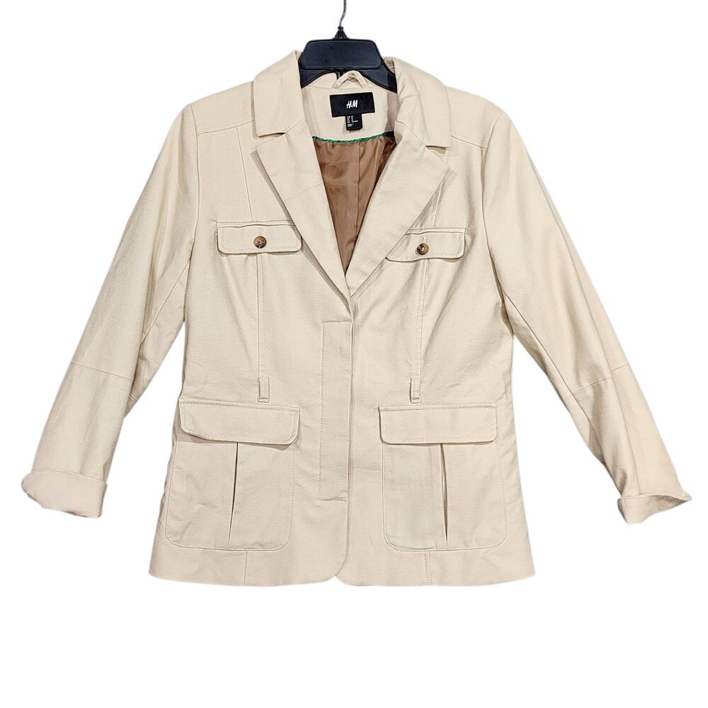 H&M Blazer Jacket Size 12 Beige Button Closure Tan Twill Heavyweight No Belt - Picture 1 of 9